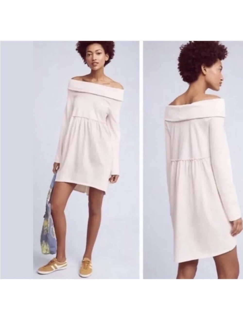 Antropologie Monday Tuesday Wednesday Off-Shoulder Long Sleeve Ivory Swing Dress
